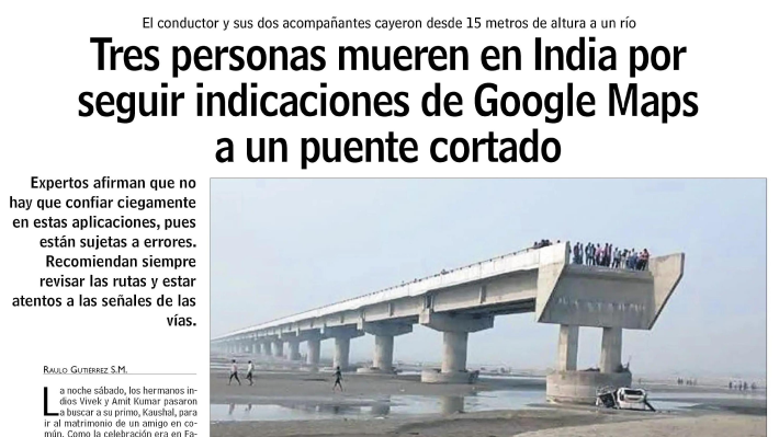 Tres mueren en India tras seguir a Google Maps hacia un puente colapsado